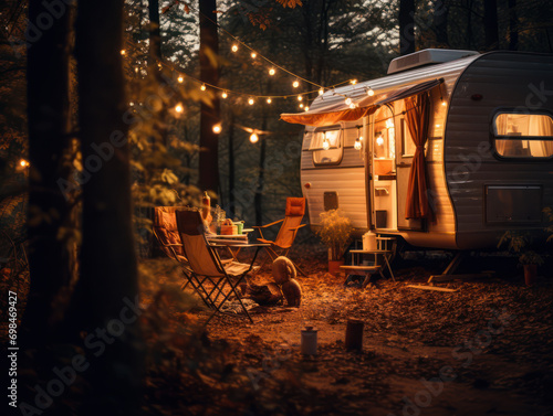 Midnight car tent in the forest. Outdoor vacation concept. Decorated with beautiful night lights.