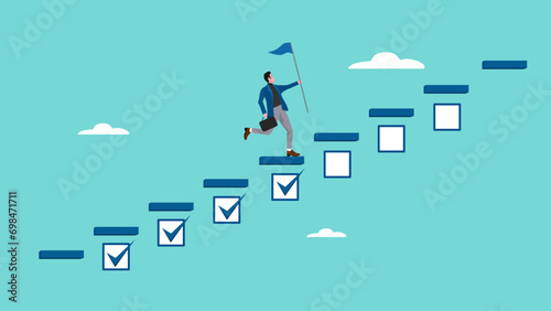 business progress step towards business targets with a strategy plan concept. journey job target action career illustration. businessman running up the stairs of achievement while carrying a flag