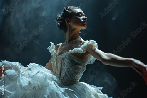 Portrait of incredibly beautiful ballerina on the stage of the theater in shiny costume and tutu in front of the audience, immersion in professional work, dancer, actress