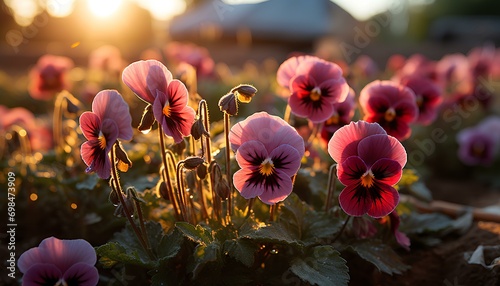 purple and yellow. Pansy flower growing in the sunset. Pansy flower in sunrise. Pansy flower during winter. Colourful poppy flower sprouting during winter time. Pink pansy flower. viola flower. nature