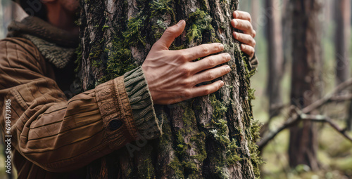 Embrace of Nature. A person in a brown jacket hugging a moss-covered tree trunk in the forest, symbolizing a connection with nature