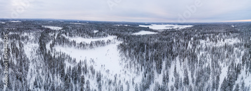 Aerial view over taiga landscape with snow covered boreal forest in northeast Finland