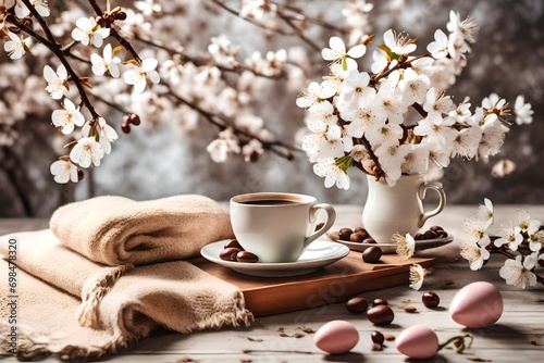 cup of coffee and spring flowers