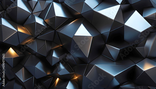 Abstract dark background with black geometric shapes, golden reflections on black cubic shapes,