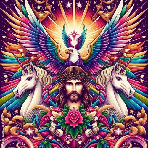 A colorful artwork of a jesus with a crown of thorns and unicorns designs prints