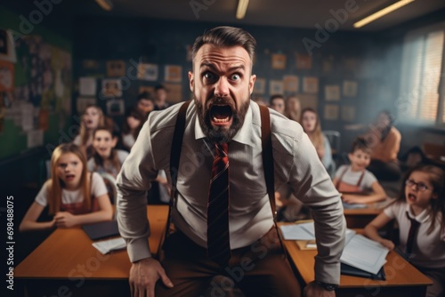 The teacher is furious at the lesson against the background of noisy children