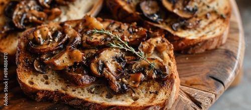 Close-up view of toasted sourdough grilled sandwiches with seasoned mushrooms.