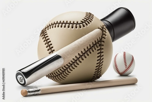 White background, metal bat and ball used for professional softball or baseball. Generative AI