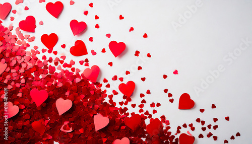 Banner San Valentino con cuori rossi grandi e piccoli in basso a sinistra del fotogramma su sfondo bianco 