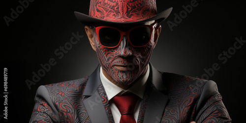 Business Mann mit Anzug und Hut anonym in Maske im Querformat für Banner, ai generativ