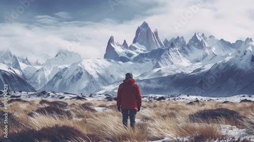 Patagonian Winter Solitude: A solitary figure stands amidst the snow-covered landscapes of Patagonia, embracing the solitude and silence of winter