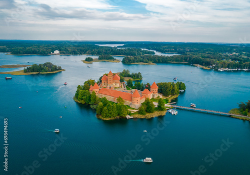 Aerial view of Trakai castle. Medieval gothic Island castle, located in Galve lake. Drone photo from above