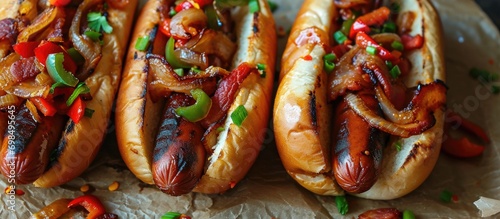 Bacon-wrapped hot dogs with onions and peppers made at home.