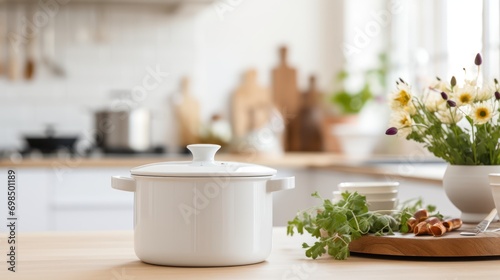  a white crock pot sitting on top of a wooden cutting board next to a vase with flowers in it.
