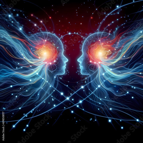Two souls connected by intertwining psychic waves, symbolizing a deep spiritual bond
