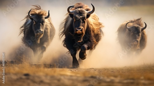  a herd of bison running across a dry grass covered field with dust blowing in the air in the foreground.