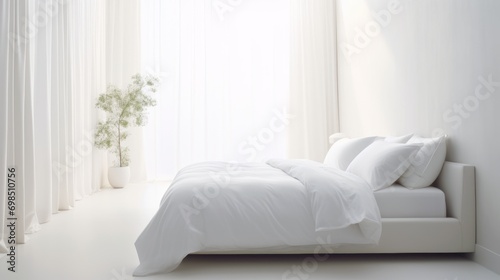  a bed with white sheets and pillows in a room with white curtains and a potted plant in the corner.