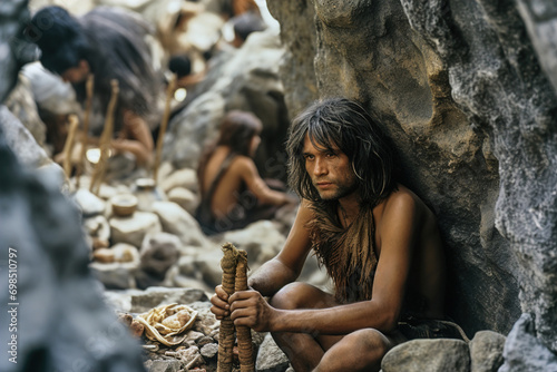 Prehistoric ancient children next a rock.