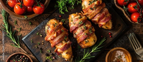 Bacon-wrapped chicken breasts on table