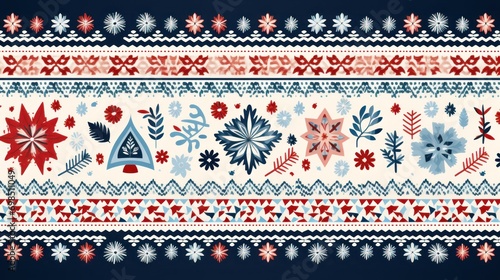  a red, white, and blue knitted pattern with snowflakes and stars on a dark blue background.