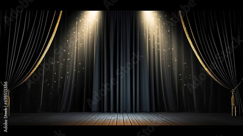 Magic theater stage dark black curtains Show Spotlight, copy space, empty room