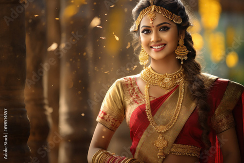 indian bride wearing traditional saree and gold jewelry