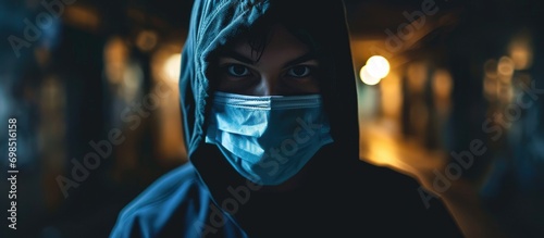 Person wearing mask on dark backdrop.