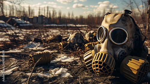 Gas masks and respirator in ruined Pripyat a ghost