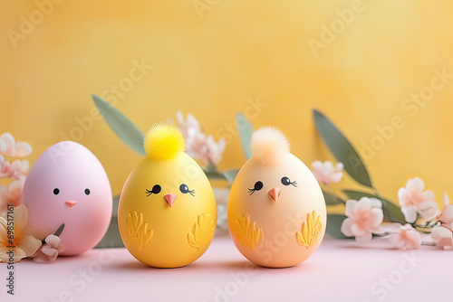 Three little chicks sit in a nest with eggs and branches. Suitable for spring or Easter-themed designs, children's books, farm-related graphics, and nature illustrations.Easter holiday card concept