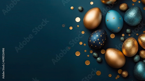  gold and blue easter eggs on a blue background. Easter frame of eggs painted in blue gold color. Flat lay, top view. Copy space for text.