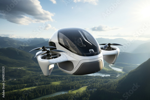 Futuristic white passenger drone flying over the picturesque lake, forest and mountains. Electric Vertical Take Off and Landing E-VTOL Aircraft used as ecological tourist transportation.