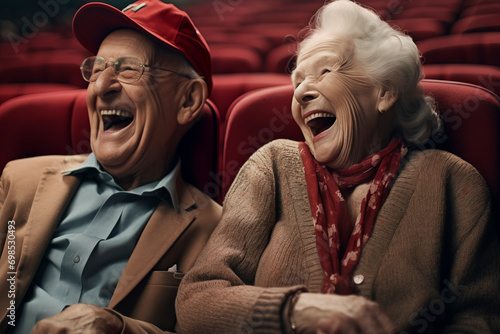 Laughing elderly couple, a man and a woman watching movie in the cinema, a comedy show or a movie, sitting in comfortable red armchairs, a mature family, a man and a woman enjoying free time, weekend