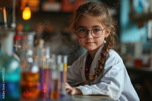 A little girl in a white coat and glasses in the laboratory holds test tubes with multi-colored liquid in her hands, steam comes from the test tube