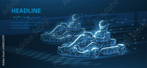 Two speed go karting race crossing finish line. Hi tech technology in kart races. Concept illustration