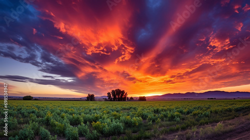 A beautiful vibrant cloudy sky of an Idaho country sunset, AI Generative.