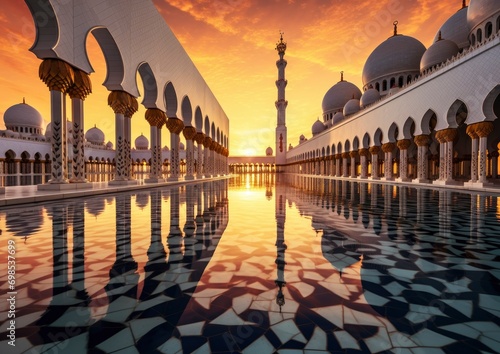 photo view of famous abu dhabi sheikh zayed mosque at sunset