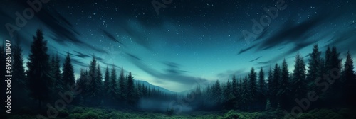 Night sky over the forest. A panoramic view of the forest under the starry night sky