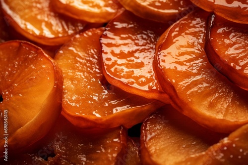 Baked apples with caramel syrup, macro background