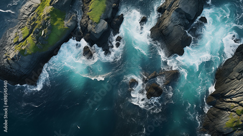 Rocky Cliffs and Turbulent Sea Waves from Above, Ideal for Nature and Adventure Themes