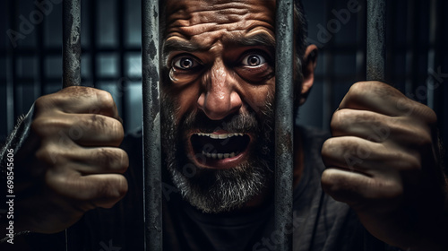 Angry male inmate confined behind bars desperately asking to released from custody symbolizing quest for fairness, dangerous criminal man in prison embodies societal threat