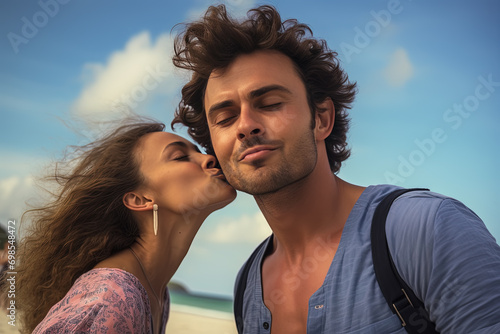 pareja de hombre y mujer jovenes besándose en la mejilla, sobre fondo de playa en día de verano