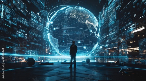 Businessman, night or vr global network hologram for digital future technology, big data or virtual reality. Dark office, globe overlay or person in futuristic metaverse world