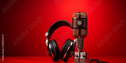 Vintage style microphone and headphones on a vibrant red background.