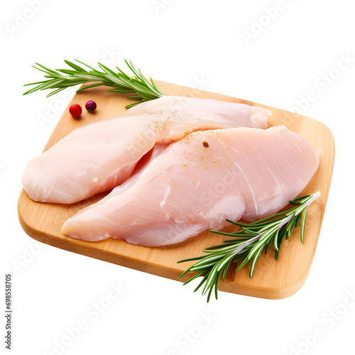 raw chicken on wooden cutting board, isolated