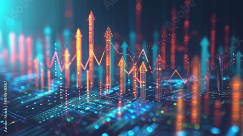 Futuristic raise arrow chart digital transformation abstract technology background. Big data and business growth currency stock and investment economy