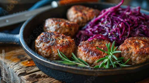 Frikadeller - Danish meatballs, pan-fried and served with red cabbage