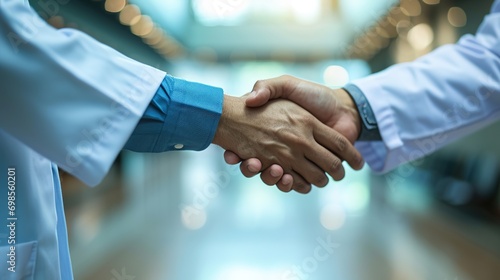 Handshake with doctors at a hospital, clinic or medical facility for good job, success or approval. Healthcare, health and thank you, shaking hands or clapping, congratulations or welcome onboard