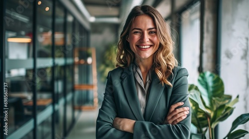 Happy, business leader and woman with a smile in success with crossed arms in a light office. Portrait of a professional and confident white female employee in leadership and management at a company