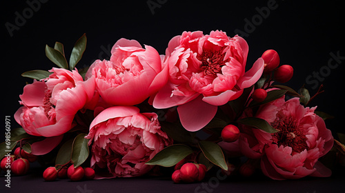 Red peonies on a black background