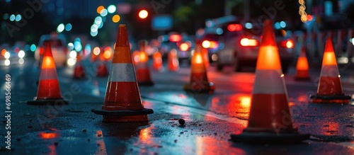 Road cones cautioning evening traffic congestion